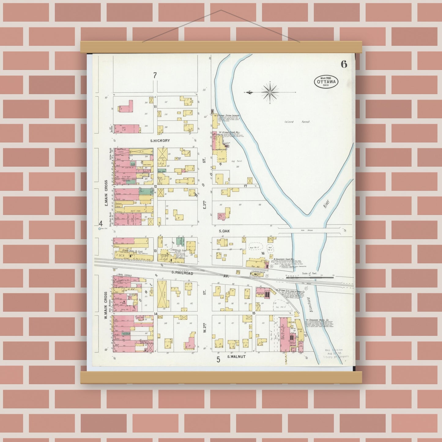 Old map wall art mockup — magnetic wood frame on brick wall — Sanborn Fire Insurance Map from Ottawa, Putnam County, Ohio (1900), Sheet #0006
