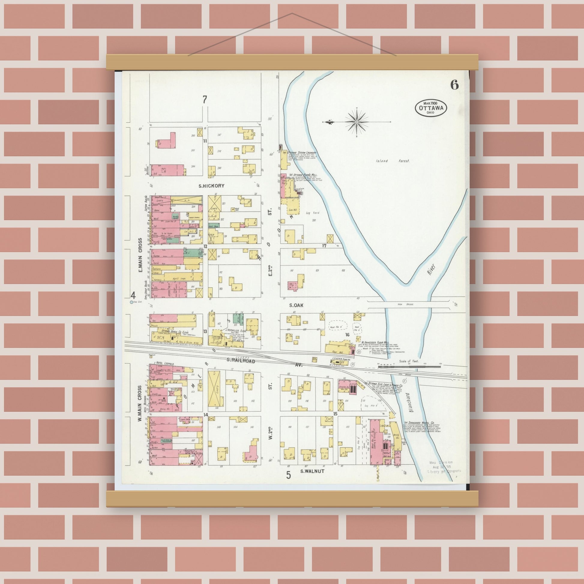 Old map wall art mockup — magnetic wood frame on brick wall — Sanborn Fire Insurance Map from Ottawa, Putnam County, Ohio (1900), Sheet #0006
