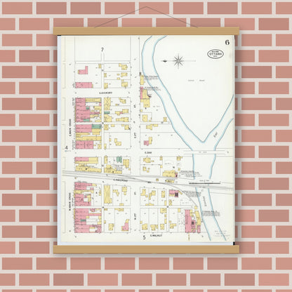 Old map wall art mockup — magnetic wood frame on brick wall — Sanborn Fire Insurance Map from Ottawa, Putnam County, Ohio (1900), Sheet #0006