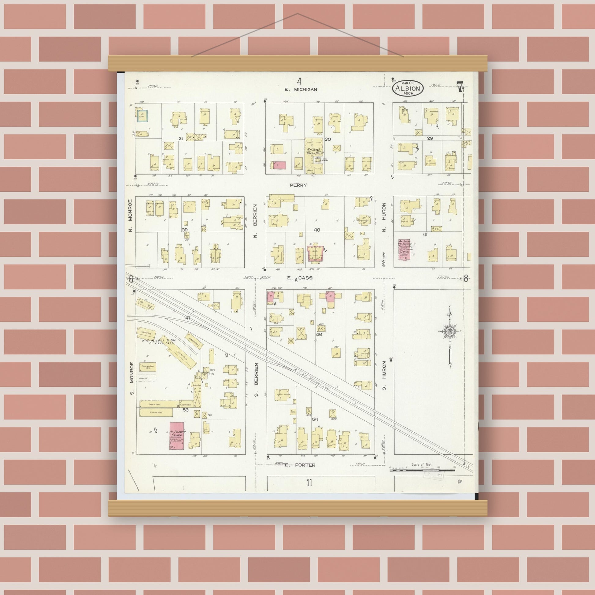 Old map wall art mockup — magnetic wood frame on brick wall — Sanborn Fire Insurance Map from Albion, Calhoun County, Michigan (1913), Sheet #0007