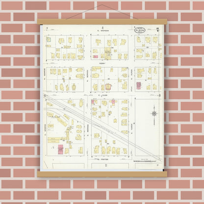 Old map wall art mockup — magnetic wood frame on brick wall — Sanborn Fire Insurance Map from Albion, Calhoun County, Michigan (1913), Sheet #0007