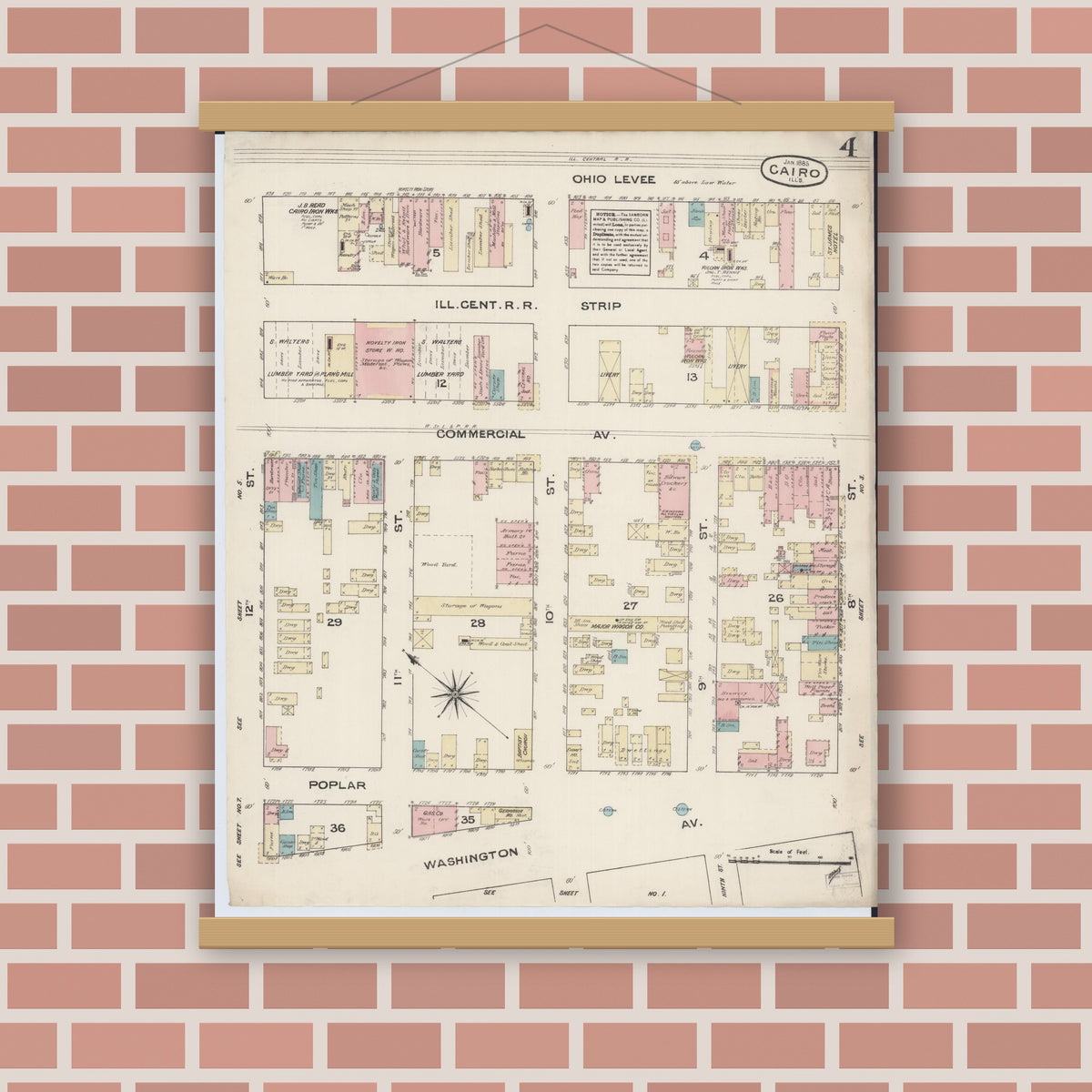 Old map wall art mockup — magnetic wood frame on brick wall — Sanborn Fire Insurance Map from Cairo, Alexander County, Illinois (1885), Sheet #0004