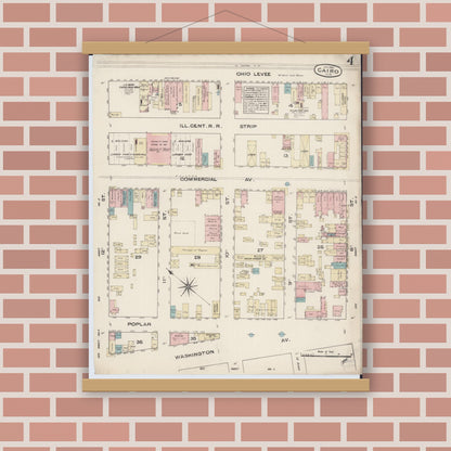 Old map wall art mockup — magnetic wood frame on brick wall — Sanborn Fire Insurance Map from Cairo, Alexander County, Illinois (1885), Sheet #0004