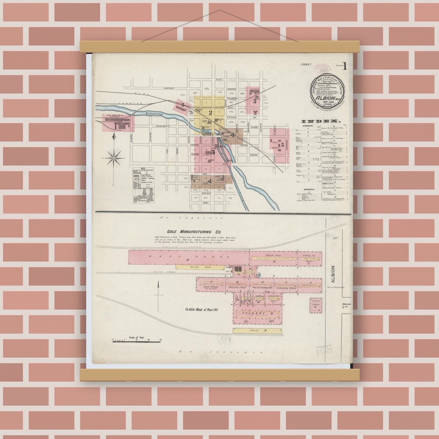 Old map wall art mockup — magnetic wood frame on brick wall — Sanborn Fire Insurance Map from Albion, Calhoun County, Michigan (1888), Sheet #0001