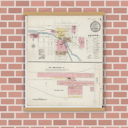 Old map wall art mockup — magnetic wood frame on brick wall — Sanborn Fire Insurance Map from Albion, Calhoun County, Michigan (1888), Sheet #0001