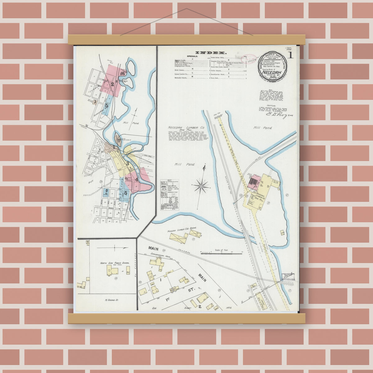 Old map wall art mockup — magnetic wood frame on brick wall — Sanborn Fire Insurance Map from Necedah, Juneau County, Wisconsin (1891), Sheet #0001