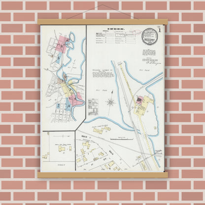 Old map wall art mockup — magnetic wood frame on brick wall — Sanborn Fire Insurance Map from Necedah, Juneau County, Wisconsin (1891), Sheet #0001