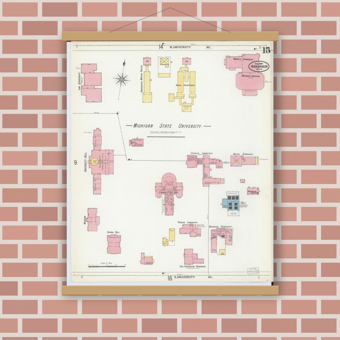 Old map wall art mockup — magnetic wood frame on brick wall — Sanborn Fire Insurance Map from Ann Arbor, Washtenaw County, Michigan (1899), Sheet #0015