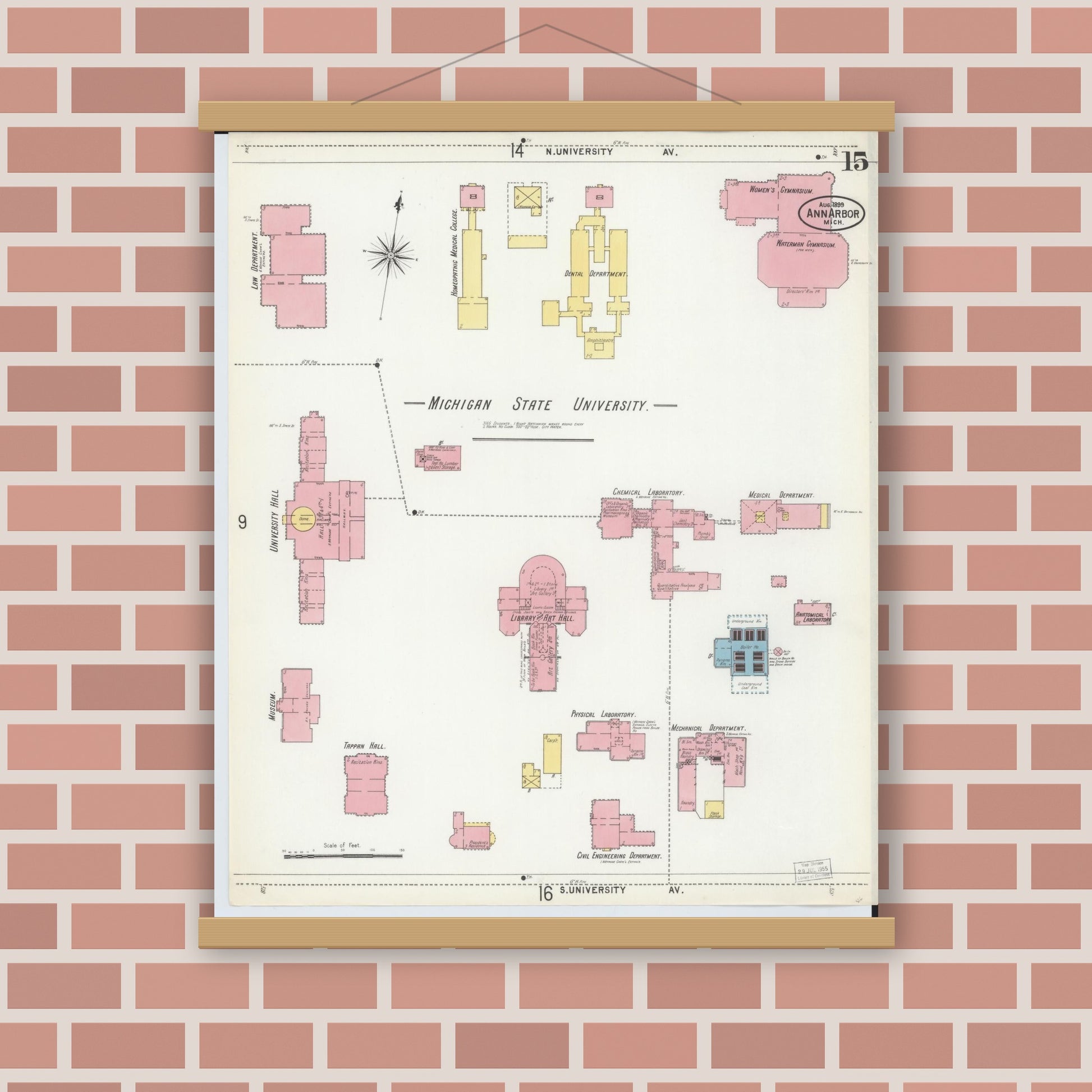 Old map wall art mockup — magnetic wood frame on brick wall — Sanborn Fire Insurance Map from Ann Arbor, Washtenaw County, Michigan (1899), Sheet #0015