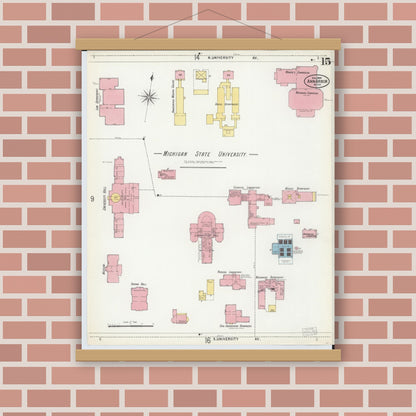 Old map wall art mockup — magnetic wood frame on brick wall — Sanborn Fire Insurance Map from Ann Arbor, Washtenaw County, Michigan (1899), Sheet #0015
