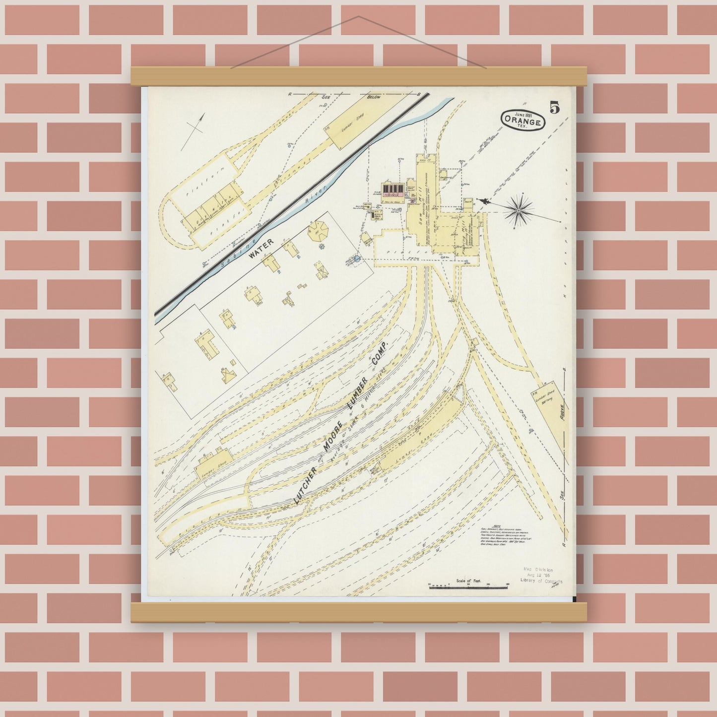 Old map wall art mockup — magnetic wood frame on brick wall — Sanborn Fire Insurance Map from Orange, Orange County, Texas (1891), Sheet #0005