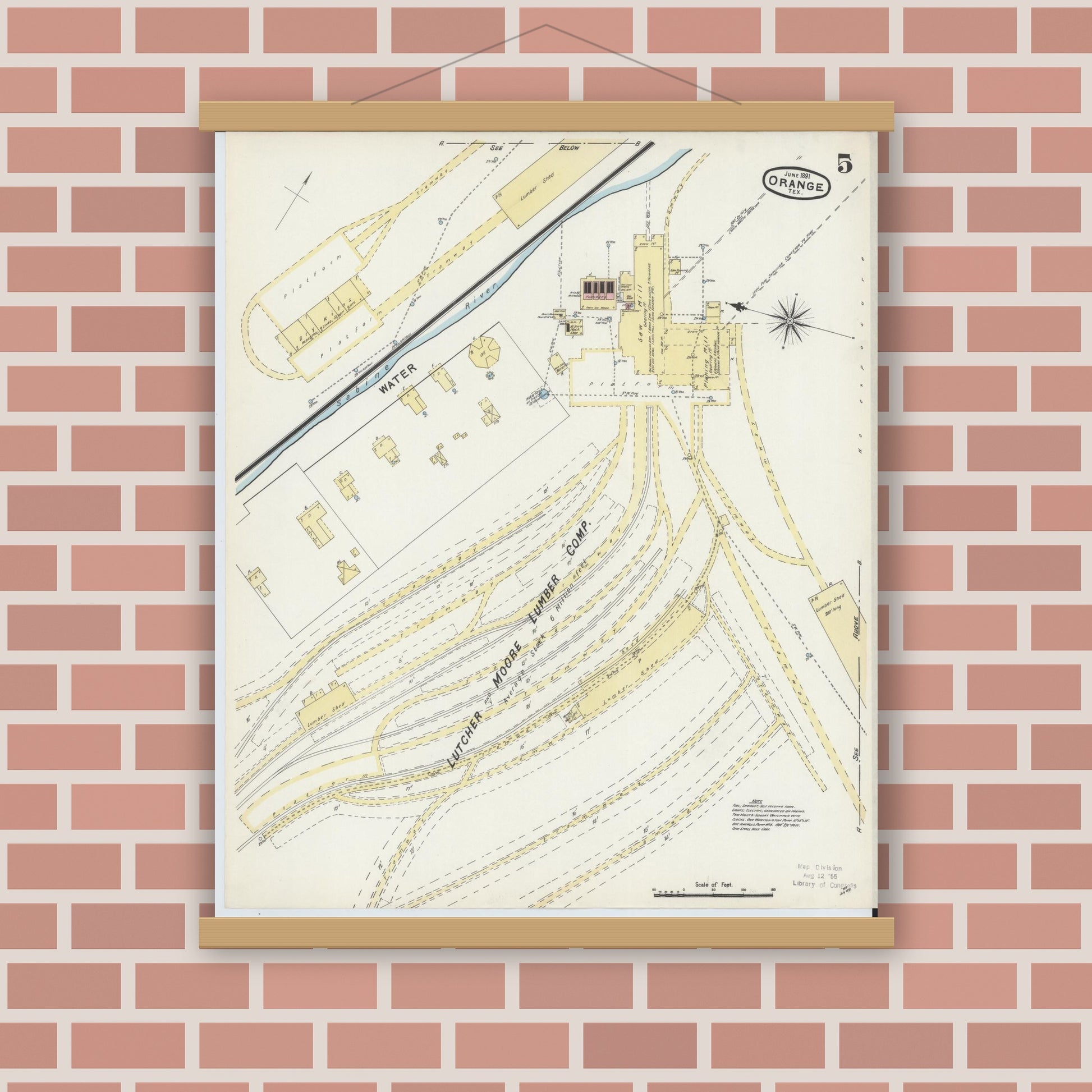 Old map wall art mockup — magnetic wood frame on brick wall — Sanborn Fire Insurance Map from Orange, Orange County, Texas (1891), Sheet #0005