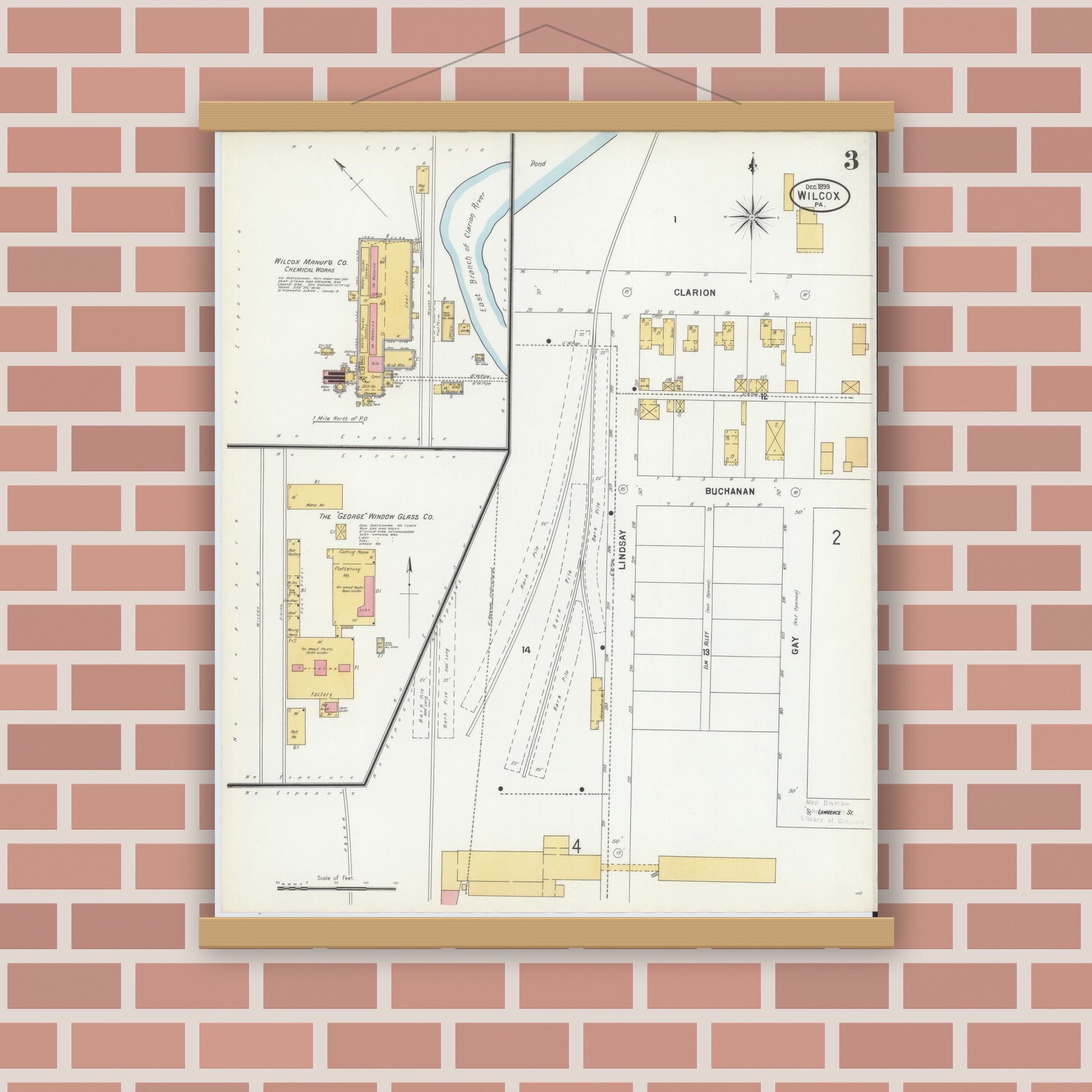 Old map wall art mockup — magnetic wood frame on brick wall — Sanborn Fire Insurance Map from Wilcox, Elk County, Pennsylvania (1900), Sheet #0003