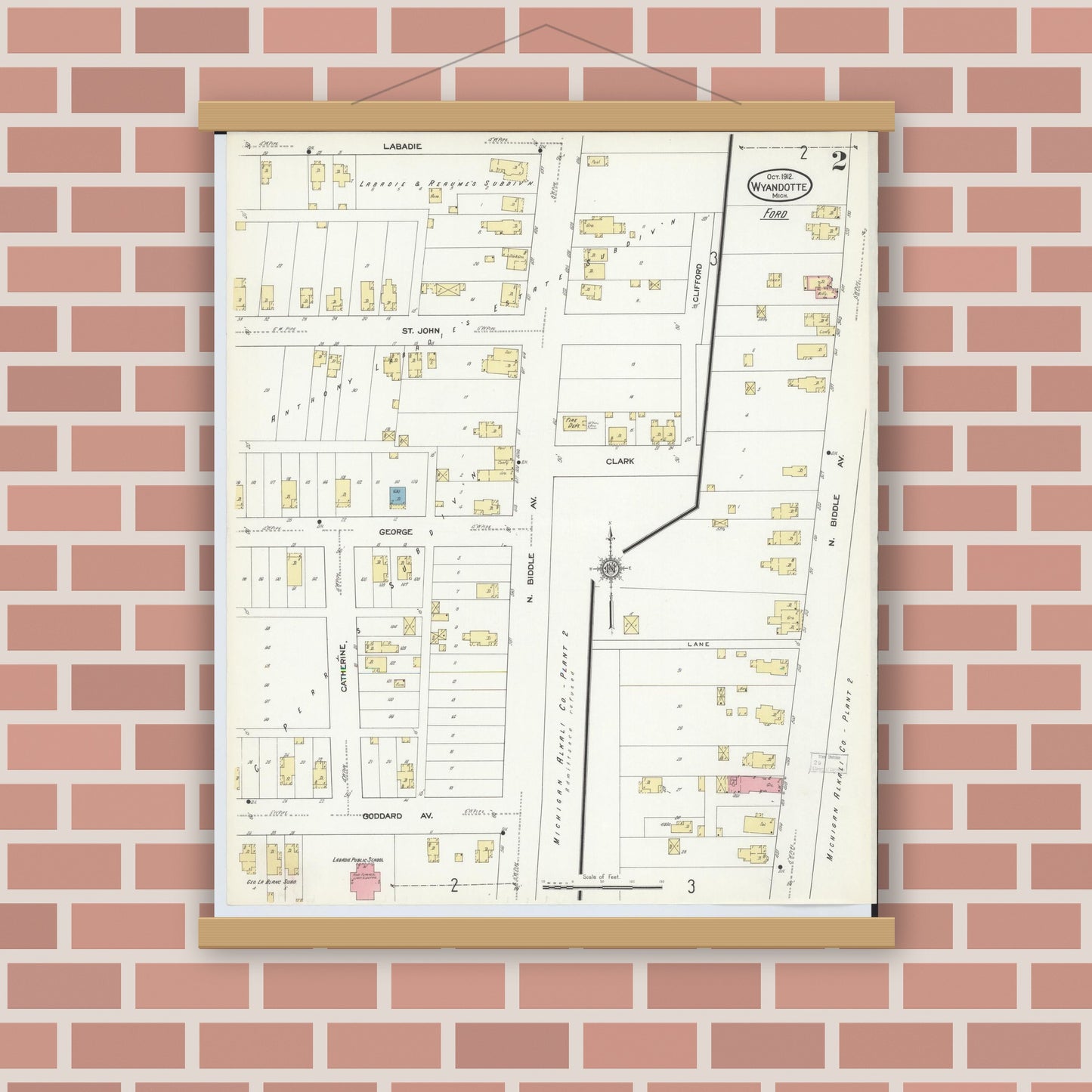 Old map wall art mockup — magnetic wood frame on brick wall — Sanborn Fire Insurance Map from Wyandotte, Wayne County, Michigan (1912), Sheet #0002