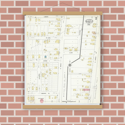 Old map wall art mockup — magnetic wood frame on brick wall — Sanborn Fire Insurance Map from Wyandotte, Wayne County, Michigan (1912), Sheet #0002