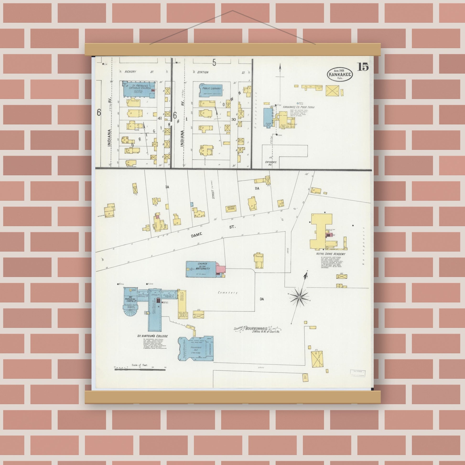 Old map wall art mockup — magnetic wood frame on brick wall — Sanborn Fire Insurance Map from Kankakee, Kankakee County, Illinois (1901), Sheet #0015
