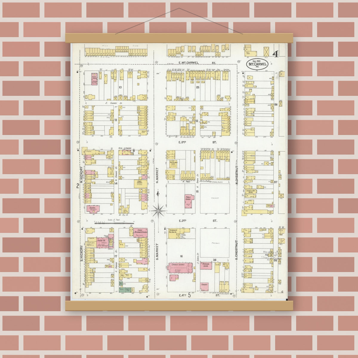 Old map wall art mockup — magnetic wood frame on brick wall — Sanborn Fire Insurance Map from Mount Carmel, Northumberland County, Pennsylvania (1901), Sheet #0004