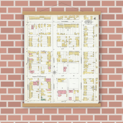 Old map wall art mockup — magnetic wood frame on brick wall — Sanborn Fire Insurance Map from Mount Carmel, Northumberland County, Pennsylvania (1901), Sheet #0004