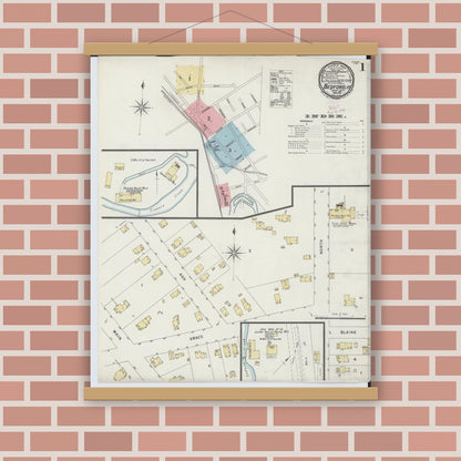 Old map wall art mockup — magnetic wood frame on brick wall — Sanborn Fire Insurance Map from Bedford, Cuyahoga County, Ohio (1896), Sheet #0001