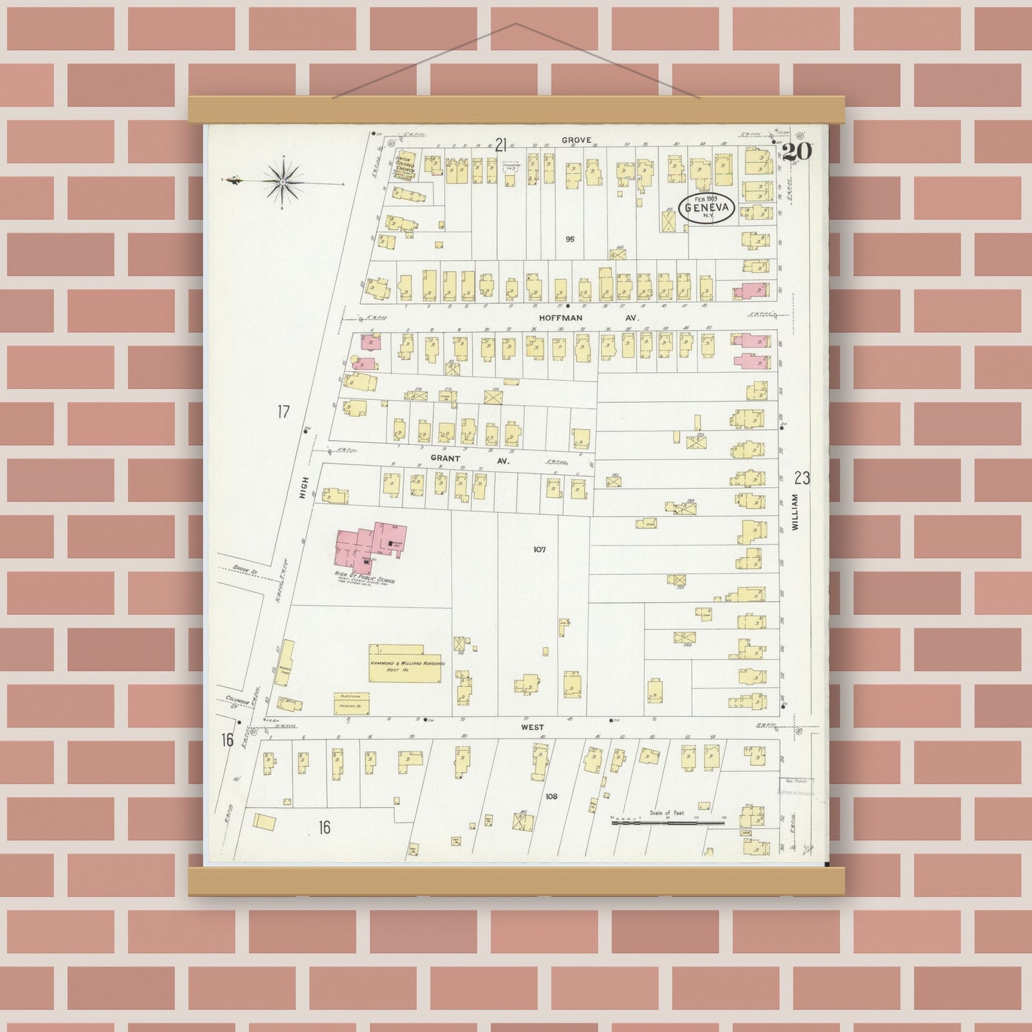 Old map wall art mockup — magnetic wood frame on brick wall — Sanborn Fire Insurance Map from Geneva, Ontario County, New York (1909), Sheet #0020