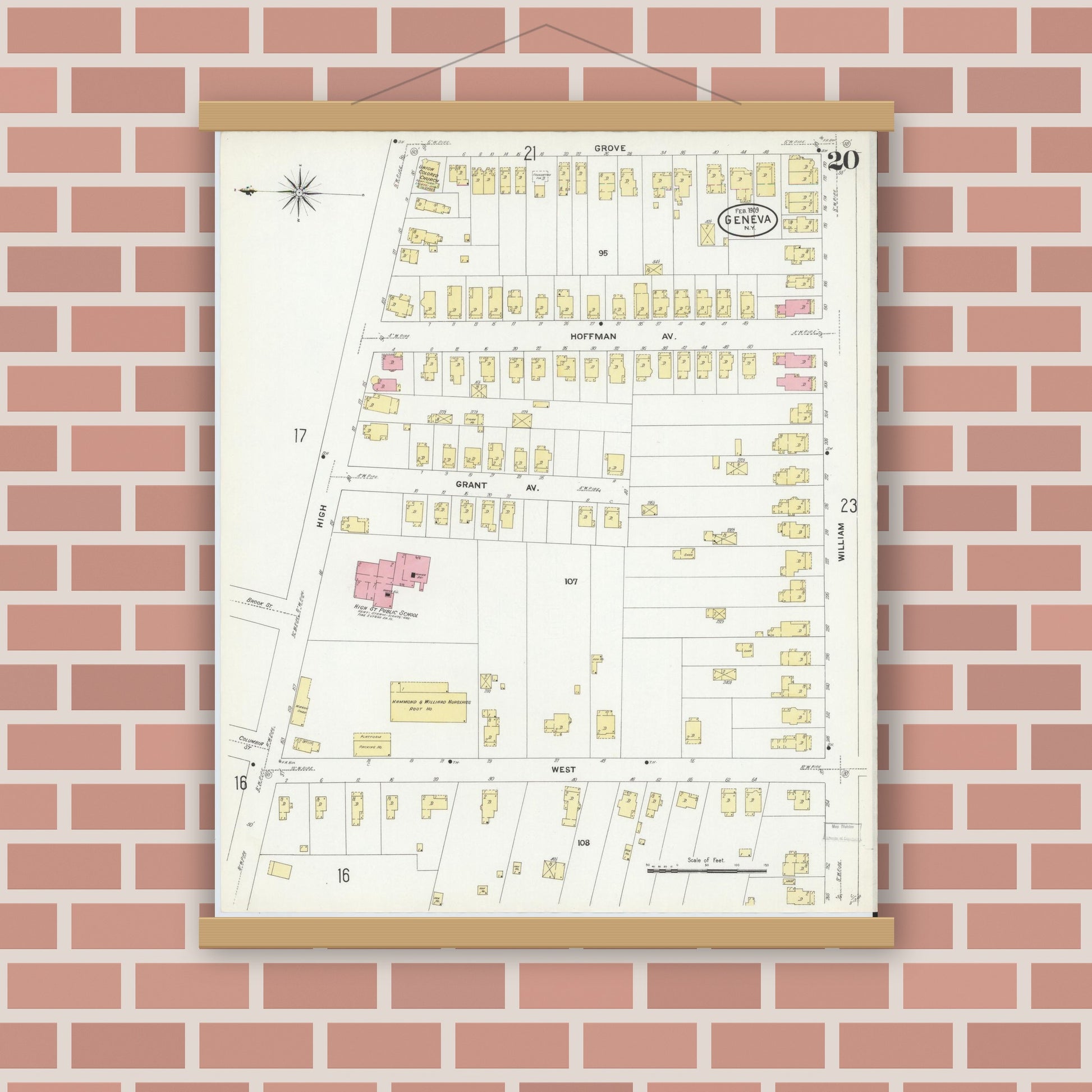 Old map wall art mockup — magnetic wood frame on brick wall — Sanborn Fire Insurance Map from Geneva, Ontario County, New York (1909), Sheet #0020
