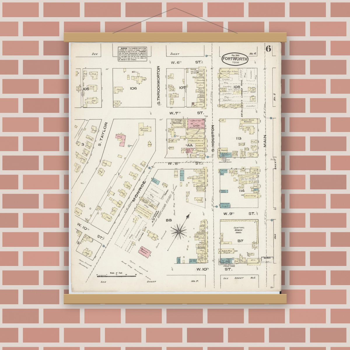 Old map wall art mockup — magnetic wood frame on brick wall — Sanborn Fire Insurance Map from Fort Worth, Tarrant County, Texas (1885), Sheet #0006