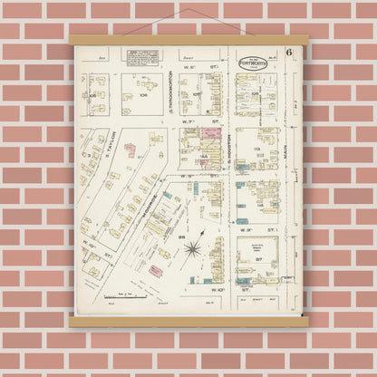 Old map wall art mockup — magnetic wood frame on brick wall — Sanborn Fire Insurance Map from Fort Worth, Tarrant County, Texas (1885), Sheet #0006