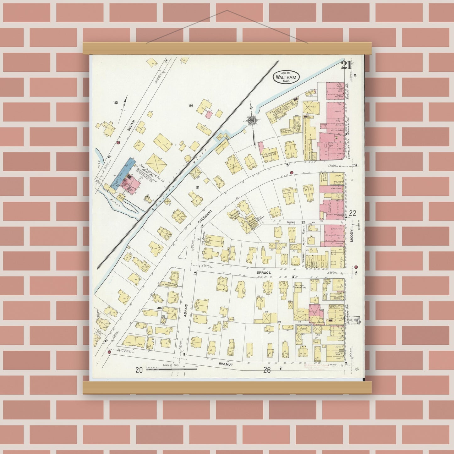 Old map wall art mockup — magnetic wood frame on brick wall — Sanborn Fire Insurance Map from Waltham, Middlesex County, Massachusetts (1911), Sheet #0021