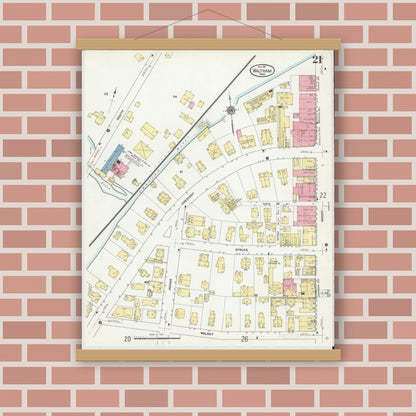 Old map wall art mockup — magnetic wood frame on brick wall — Sanborn Fire Insurance Map from Waltham, Middlesex County, Massachusetts (1911), Sheet #0021