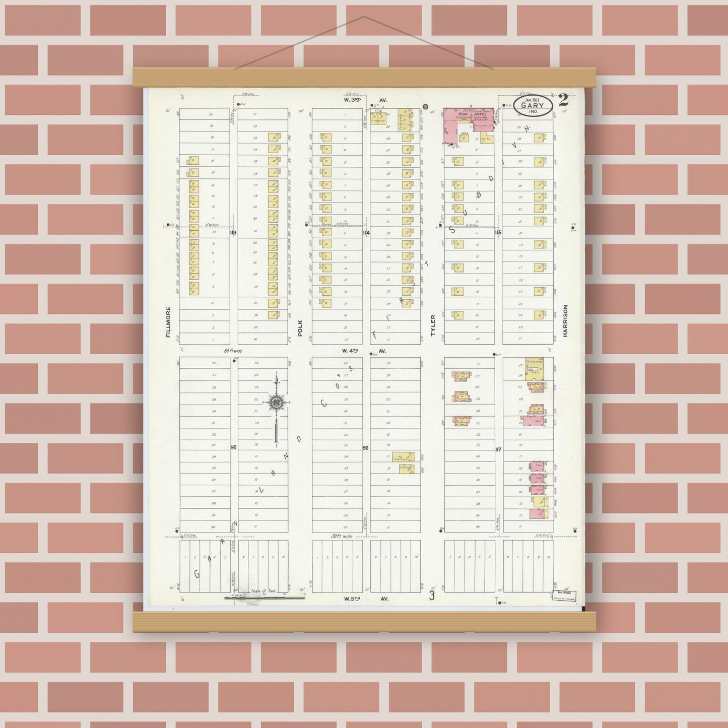 Old map wall art mockup — magnetic wood frame on brick wall — Sanborn Fire Insurance Map from Gary, Lake County, Indiana (1911), Sheet #0002