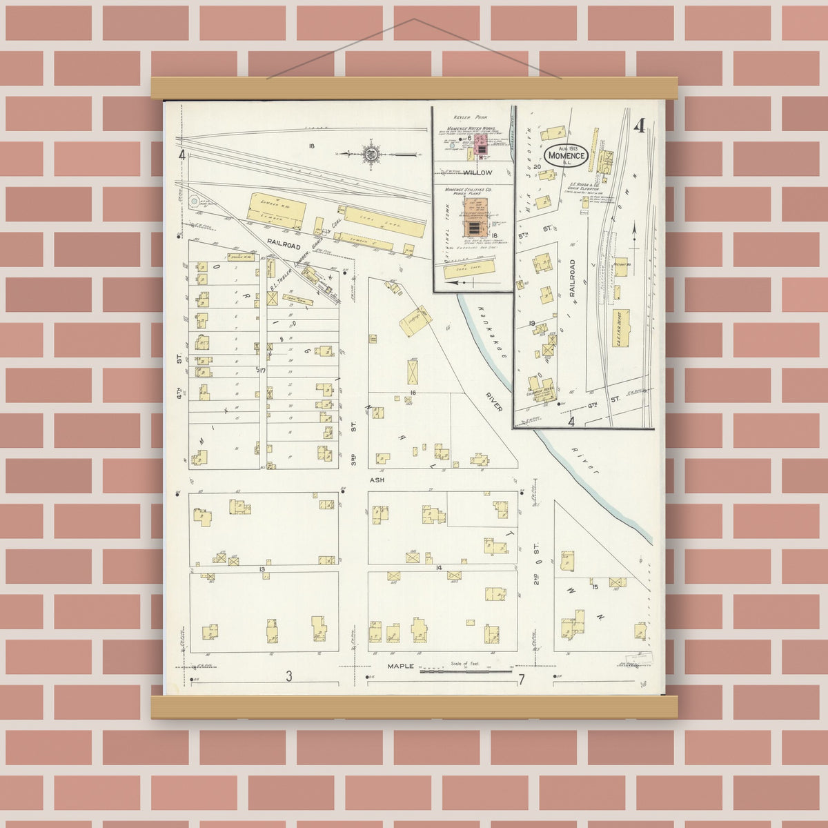 Old map wall art mockup — magnetic wood frame on brick wall — Sanborn Fire Insurance Map from Momence, Kankakee County, Illinois (1913), Sheet #0004