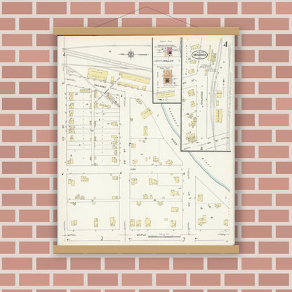 Old map wall art mockup — magnetic wood frame on brick wall — Sanborn Fire Insurance Map from Momence, Kankakee County, Illinois (1913), Sheet #0004