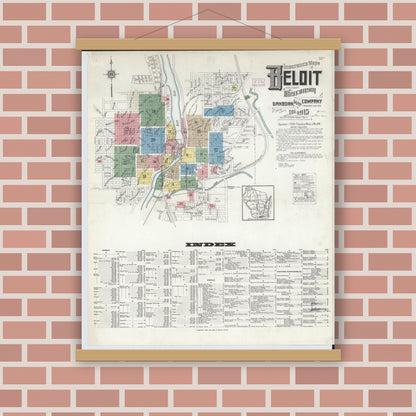 Old map wall art mockup — magnetic wood frame on brick wall — Sanborn Fire Insurance Map from Beloit, Rock County, Wisconsin (1915), Sheet #0001