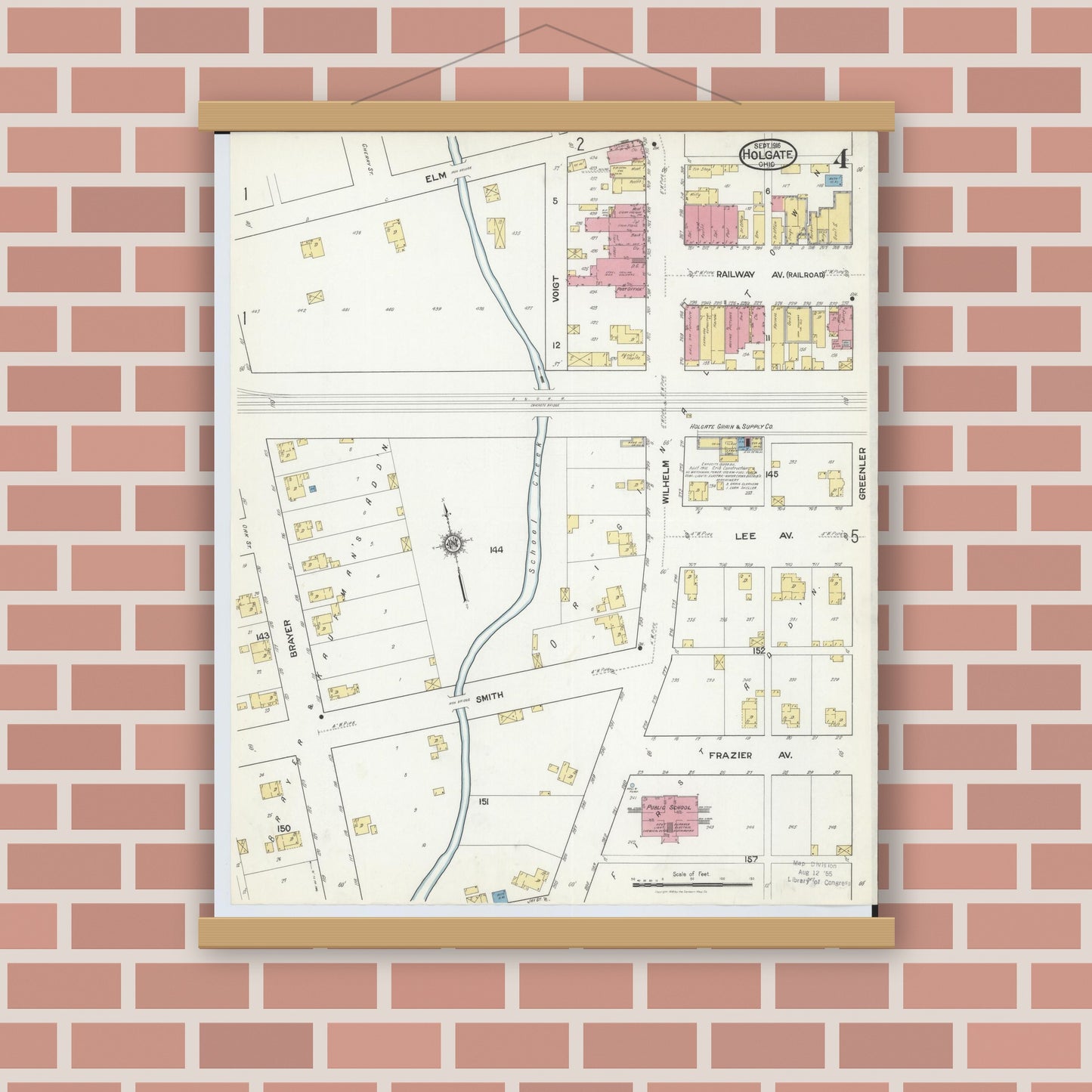 Old map wall art mockup — magnetic wood frame on brick wall — Sanborn Fire Insurance Map from Holgate, Henry County, Ohio (1916), Sheet #0004