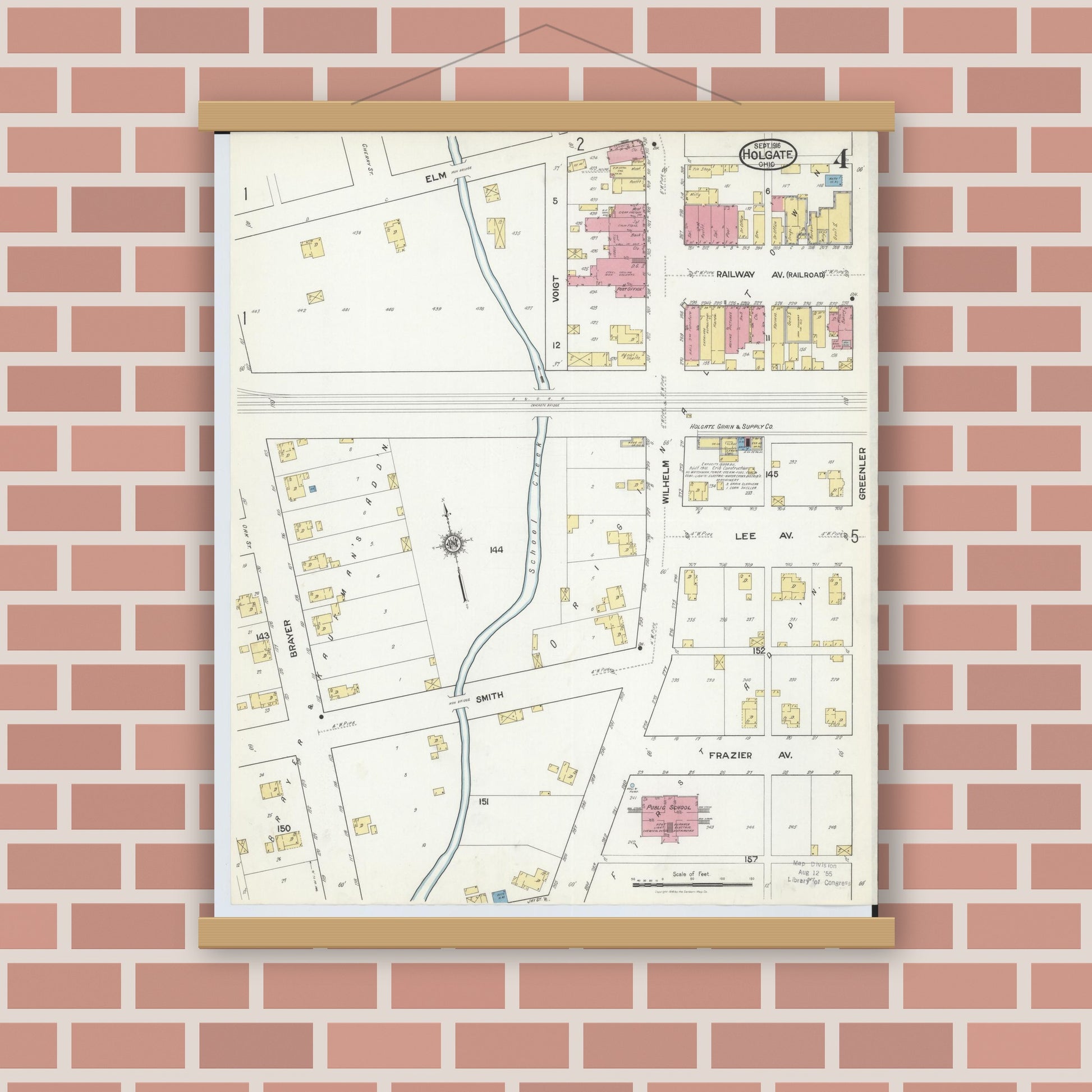 Old map wall art mockup — magnetic wood frame on brick wall — Sanborn Fire Insurance Map from Holgate, Henry County, Ohio (1916), Sheet #0004