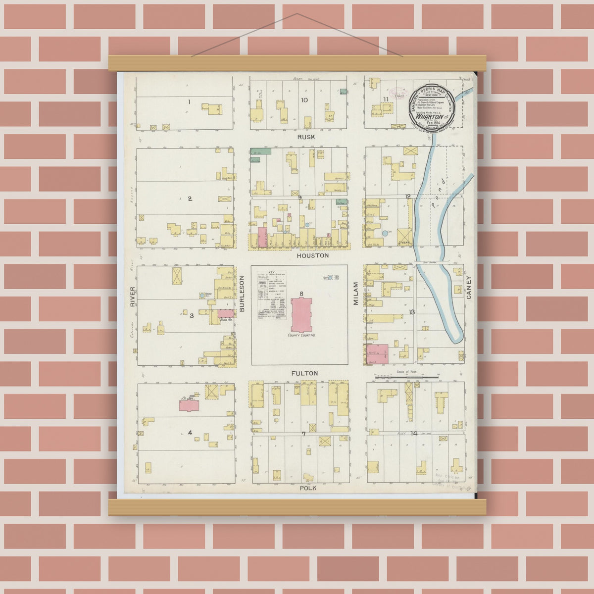 Old map wall art mockup — magnetic wood frame on brick wall — Sanborn Fire Insurance Map from Wharton, Wharton County, Texas (1894), Sheet #0001