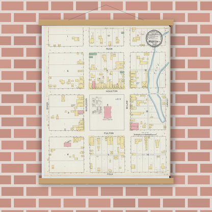 Old map wall art mockup — magnetic wood frame on brick wall — Sanborn Fire Insurance Map from Wharton, Wharton County, Texas (1894), Sheet #0001