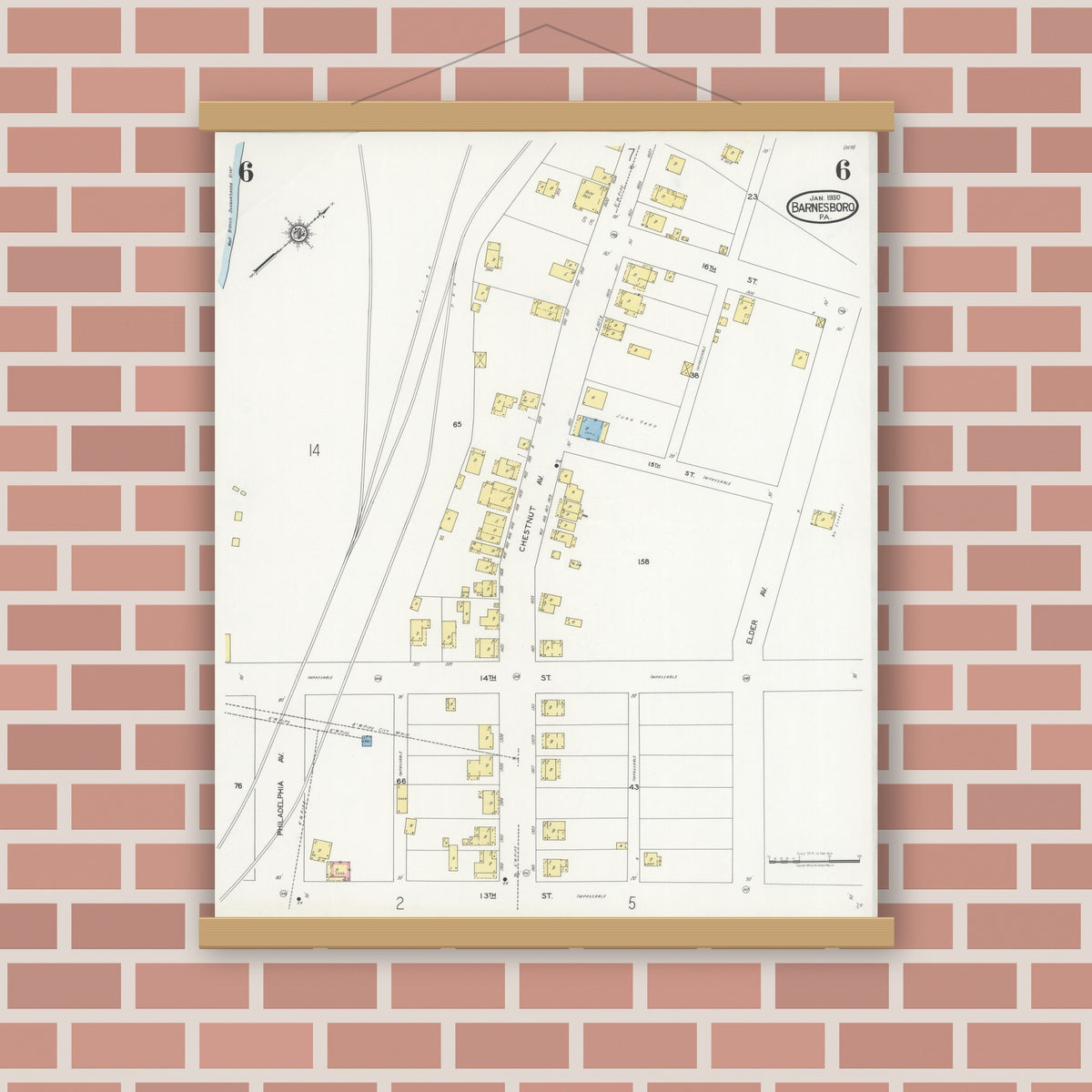 Old map wall art mockup — magnetic wood frame on brick wall — Sanborn Fire Insurance Map from Barnesboro, Cambria County, Pennsylvania (1930), Sheet #0006