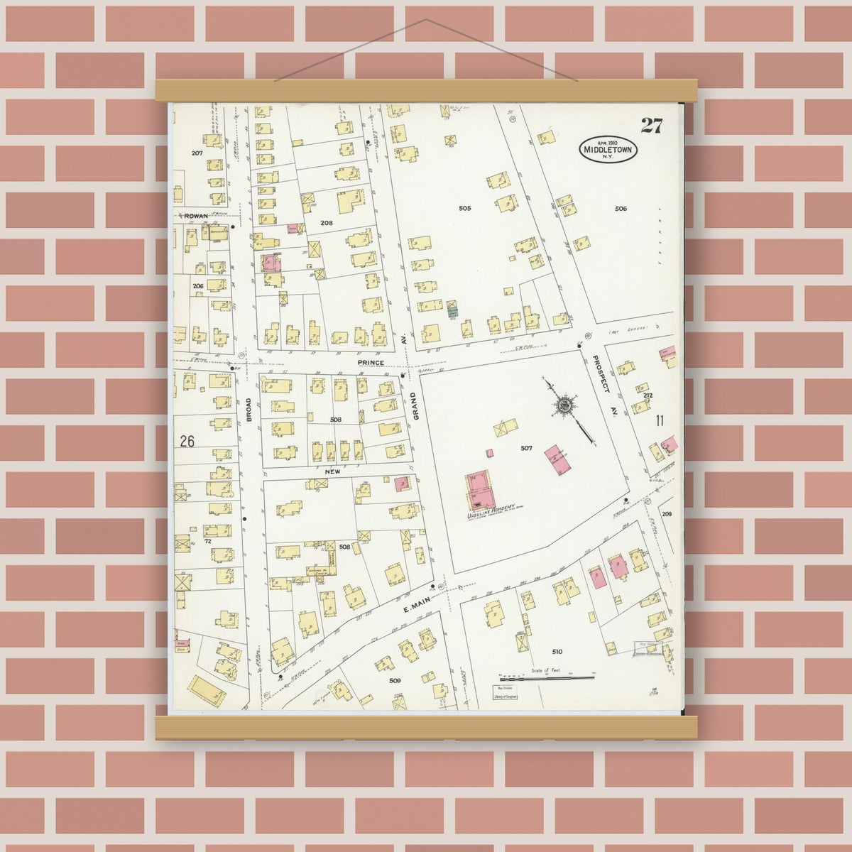 Old map wall art mockup — magnetic wood frame on brick wall — Sanborn Fire Insurance Map from Middletown, Orange County, New York (1910), Sheet #0027