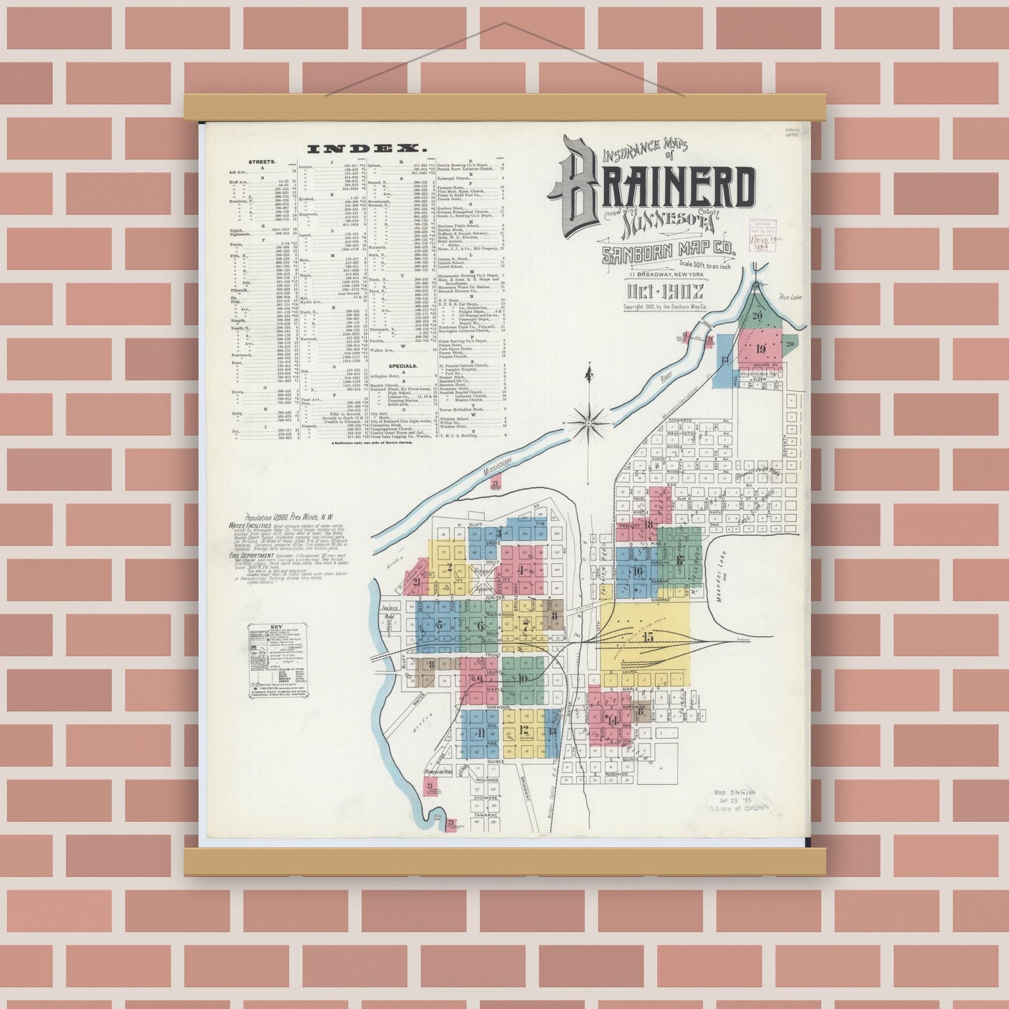 Old map wall art mockup — magnetic wood frame on brick wall — Sanborn Fire Insurance Map from Brainerd, Crow Wing County, Minnesota (1902), Sheet #0001