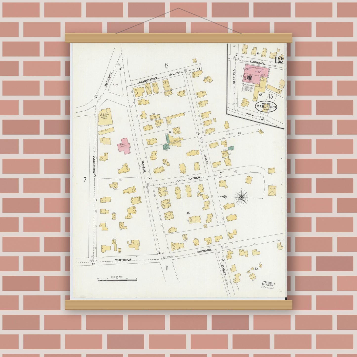 Old map wall art mockup — magnetic wood frame on brick wall — Sanborn Fire Insurance Map from Marlborough, Middlesex County, Massachusetts (1906), Sheet #0012