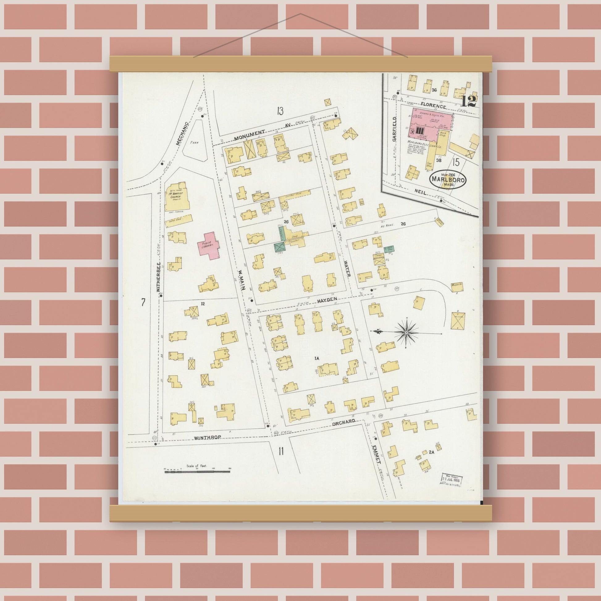 Old map wall art mockup — magnetic wood frame on brick wall — Sanborn Fire Insurance Map from Marlborough, Middlesex County, Massachusetts (1906), Sheet #0012