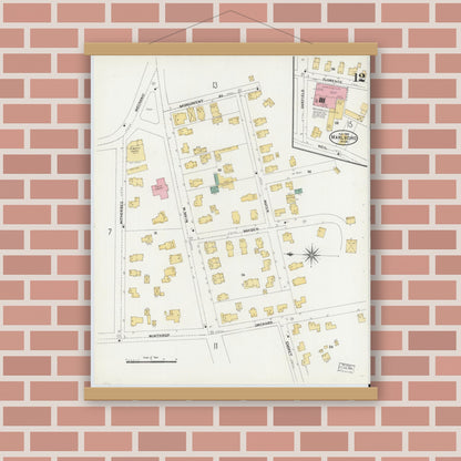 Old map wall art mockup — magnetic wood frame on brick wall — Sanborn Fire Insurance Map from Marlborough, Middlesex County, Massachusetts (1906), Sheet #0012