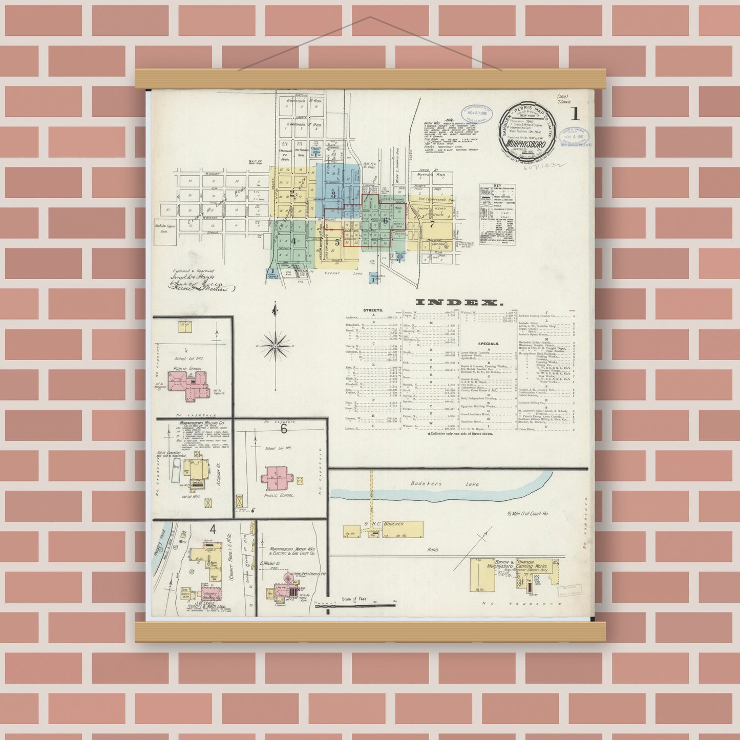 Old map wall art mockup — magnetic wood frame on brick wall — Sanborn Fire Insurance Map from Murphysboro, Jackson County, Illinois (1897), Sheet #0001