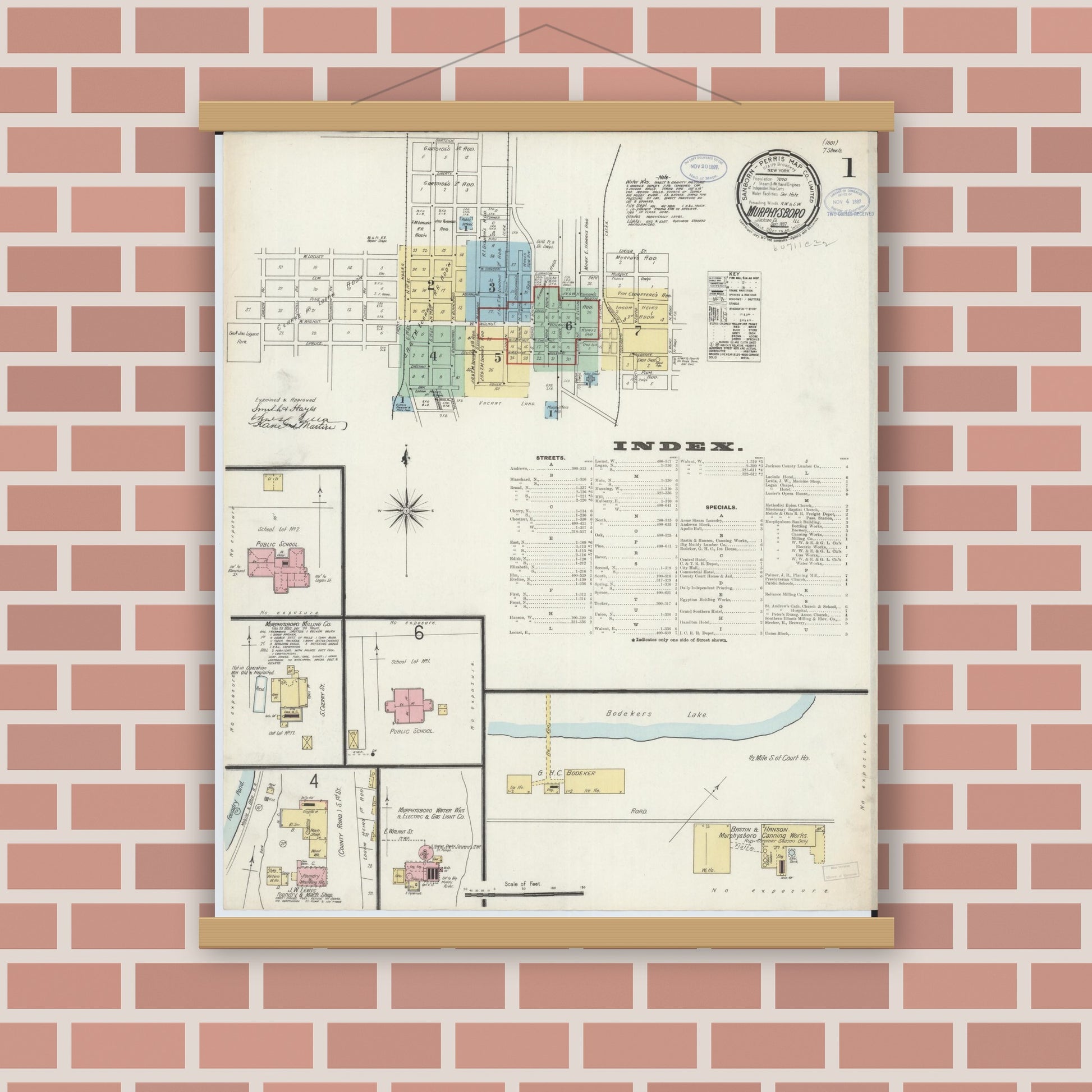 Old map wall art mockup — magnetic wood frame on brick wall — Sanborn Fire Insurance Map from Murphysboro, Jackson County, Illinois (1897), Sheet #0001