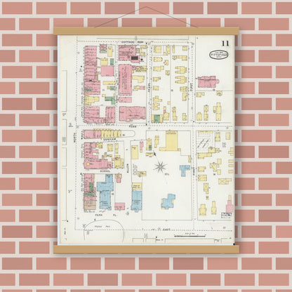 Old map wall art mockup — magnetic wood frame on brick wall — Sanborn Fire Insurance Map from Pittsfield, Berkshire County, Massachusetts (1895), Sheet #0011