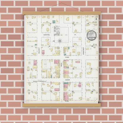 Old map wall art mockup — magnetic wood frame on brick wall — Sanborn Fire Insurance Map from Lexington, McLean County, Illinois (1892) - Complete Map Set