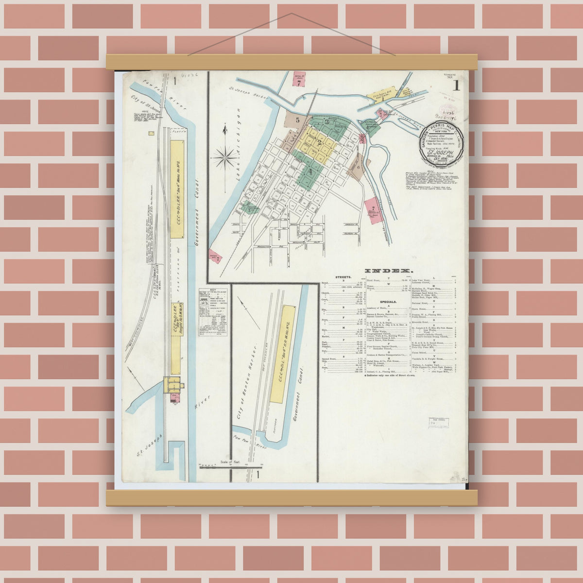 Old map wall art mockup — magnetic wood frame on brick wall — Sanborn Fire Insurance Map from Saint Joseph, Berrien County, Michigan (1896), Sheet #0001