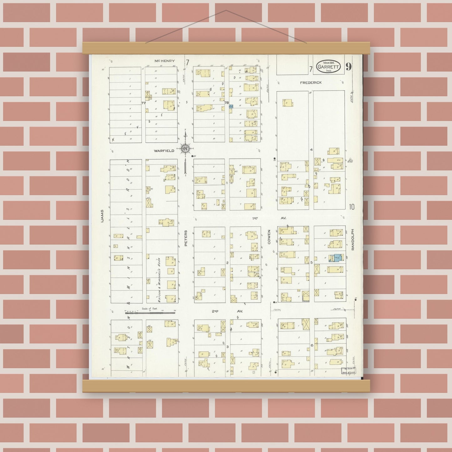 Old map wall art mockup — magnetic wood frame on brick wall — Sanborn Fire Insurance Map from Garrett, De Kalb County, Indiana (1914), Sheet #0009