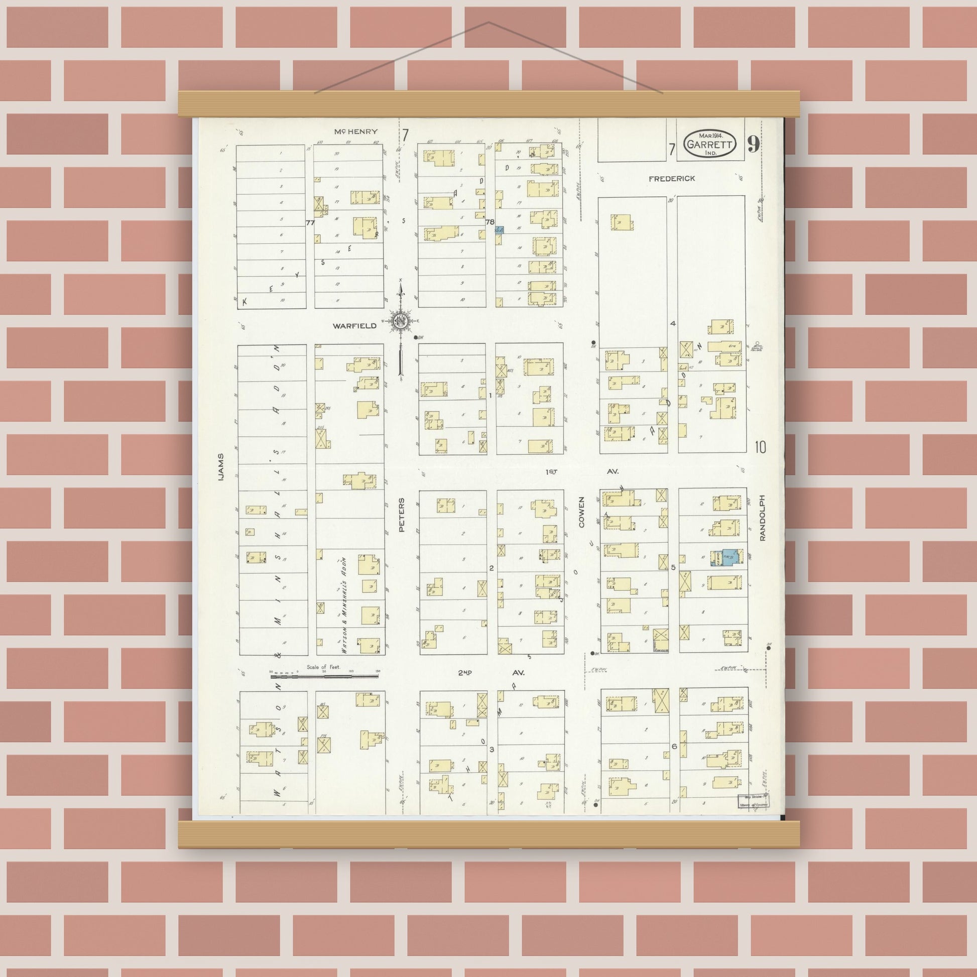 Old map wall art mockup — magnetic wood frame on brick wall — Sanborn Fire Insurance Map from Garrett, De Kalb County, Indiana (1914), Sheet #0009